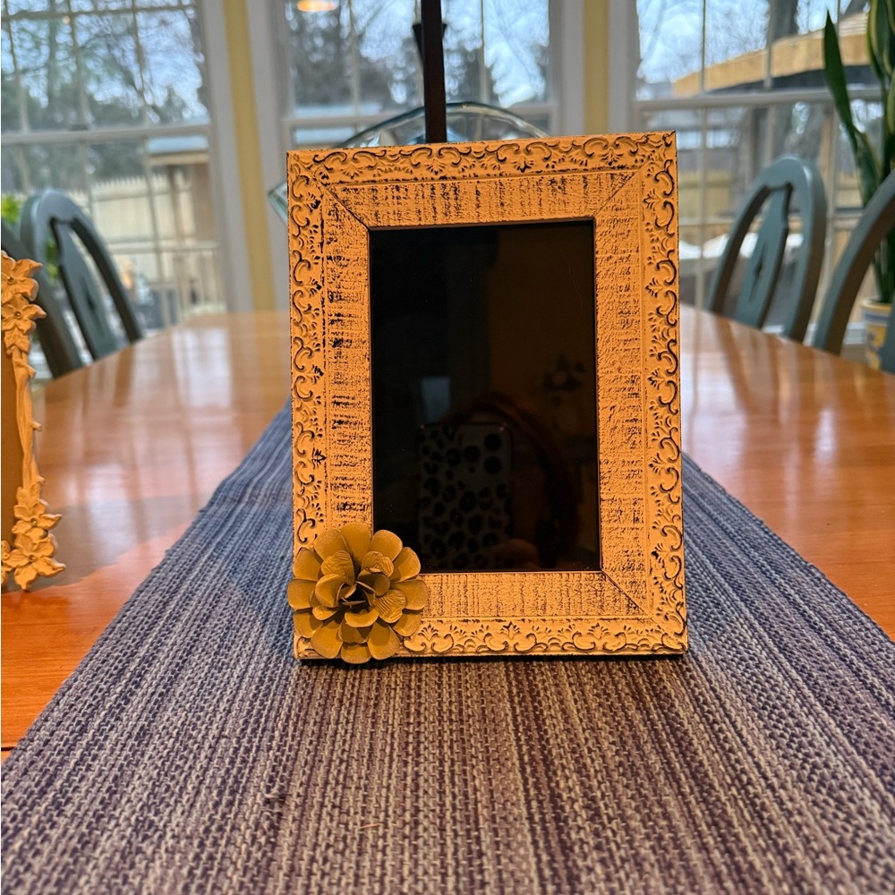 Decorative White Photo Frame with Flower Accent